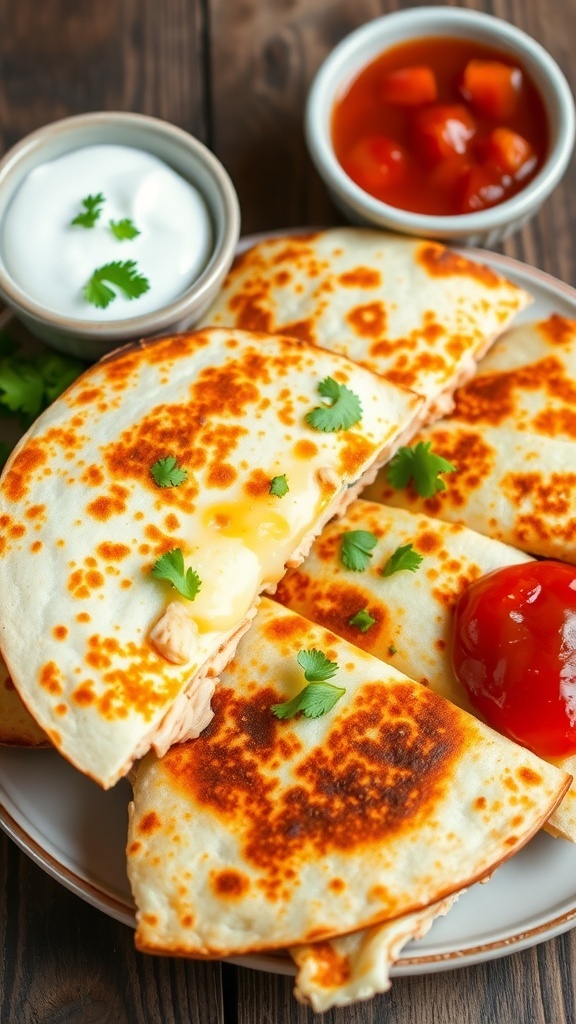 Cheesy chicken quesadilla cut into wedges, garnished with cilantro, served with salsa and sour cream on a wooden table.